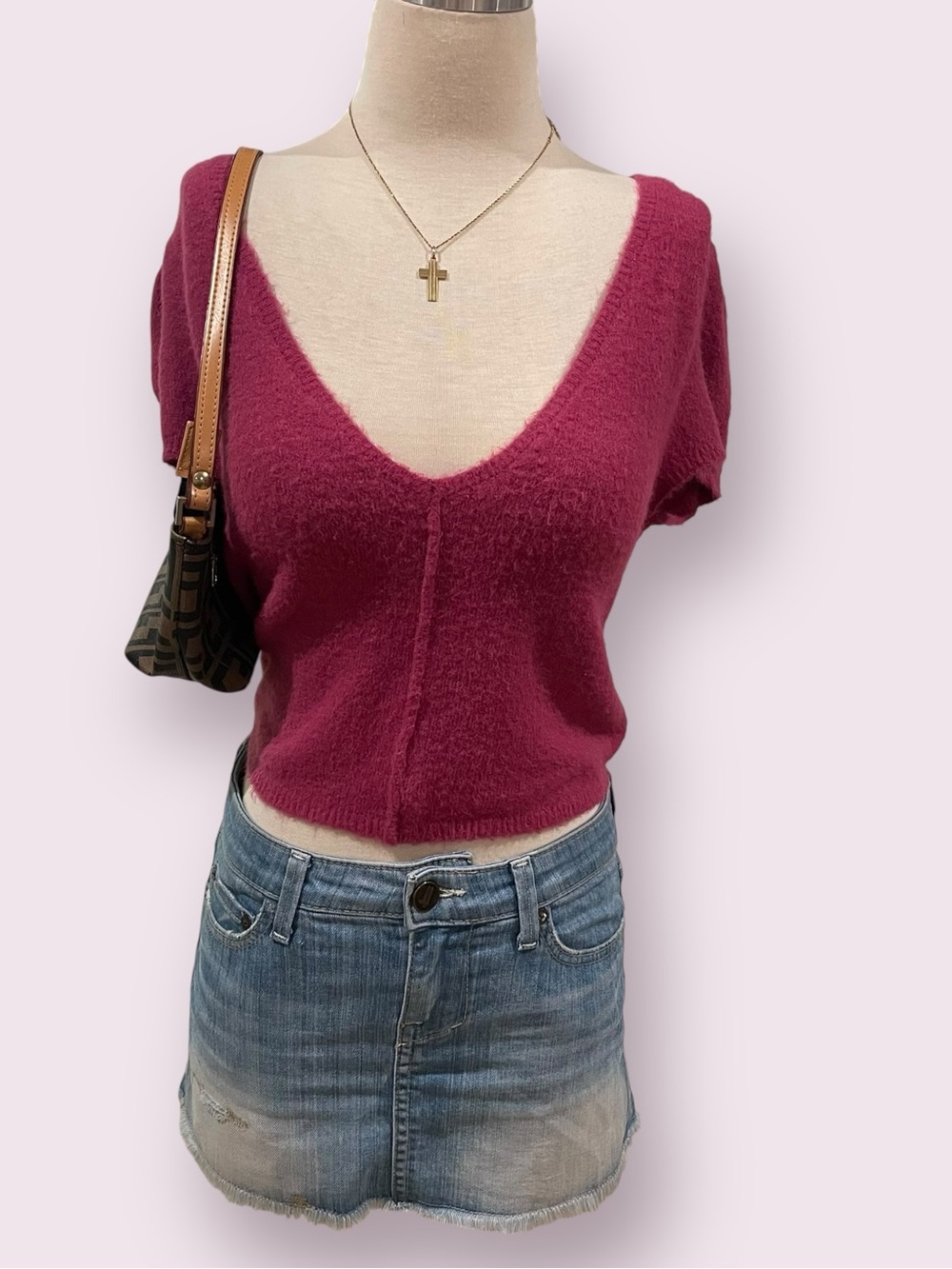 Free people V-Neck Fuzzy Short Sleeve Top - Cranberry